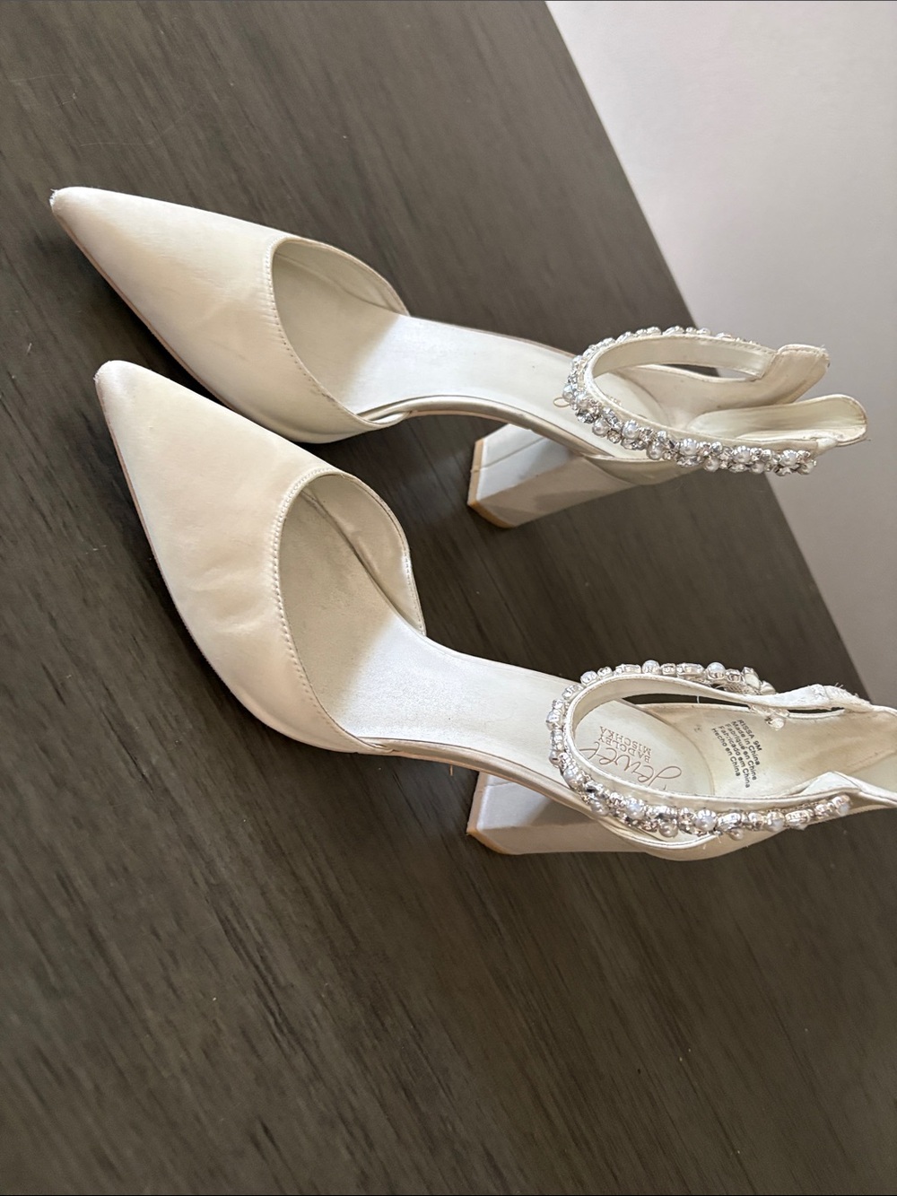 Jewel Badgley Mischka Beaded Ankle-Strap Pointed-Toe Heels - White wedding shoes